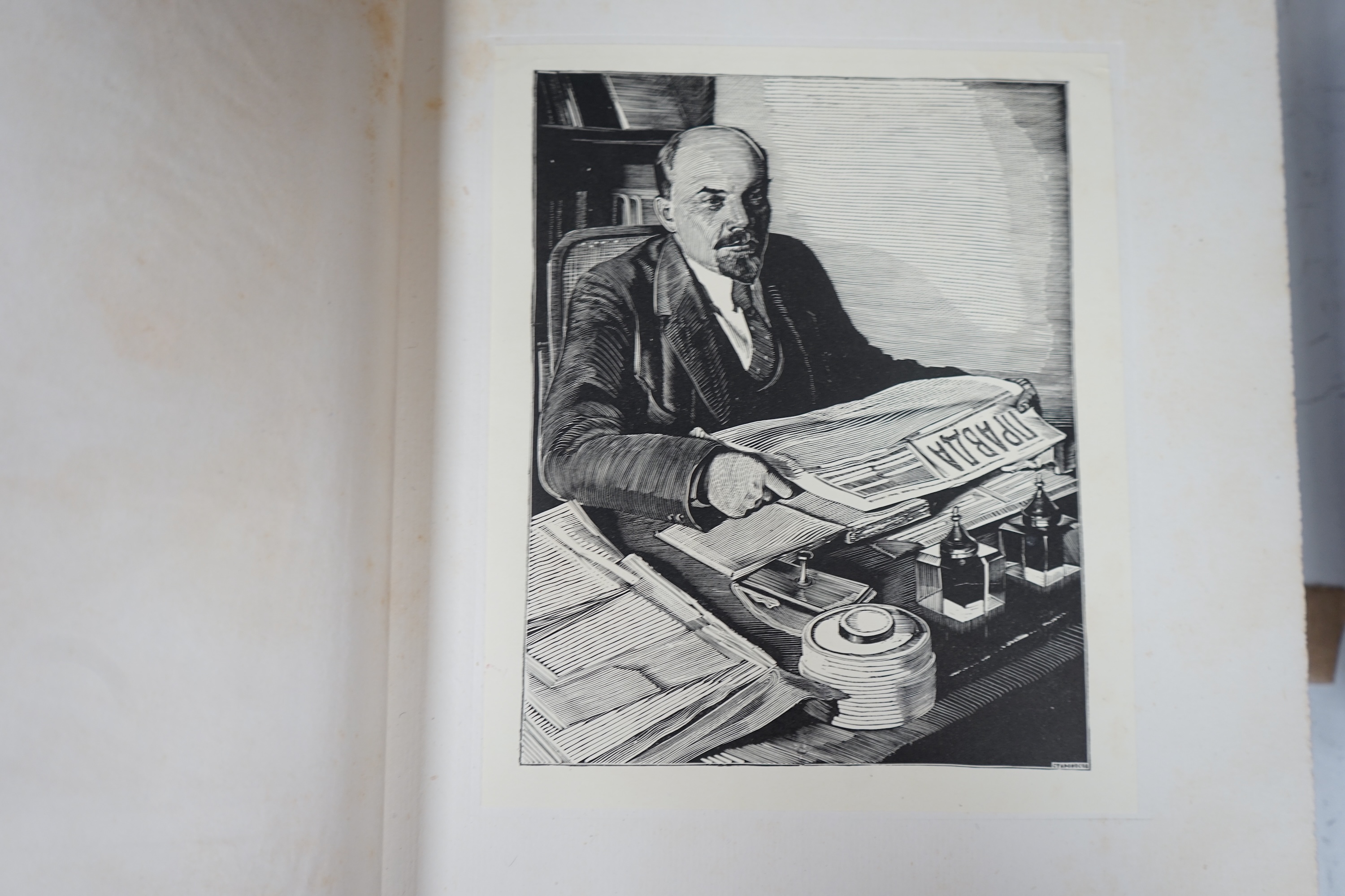 [Russian Text. Kerzhenstsev, P. - The Life of Lenin], mounted wood engraved plates and text illus.; publisher's faux leather backed cloth with mounted illus. on upper board, damaged d/wrapper loosely inserted and in orig